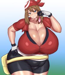 Rule 34 | 1girl, bandana, bike shorts, black shorts, blue eyes, breasts, brown hair, cleavage, condom, creatures (company), female focus, game freak, gigantic breasts, gloves, grin, highres, looking at viewer, mature female, may (pokemon), nintendo, plump, pokemon, pokemon rse, shorts, smile, solo, source request, tagme, thick thighs, thighs, wide hips, ponkotsu (robolobo4956)