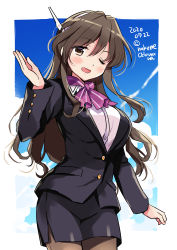 Rule 34 | 1girl, absurdres, alternate costume, ashigara (kancolle), black pantyhose, black skirt, blush, breasts, brown eyes, brown hair, buttons, cowboy shot, dated, fake horns, fang, fang out, flight attendant, hairband, highres, horned headwear, horns, kantai collection, large breasts, long hair, long sleeves, odawara hakone, one-hour drawing challenge, one eye closed, open mouth, pantyhose, pencil skirt, purple neckwear, shirt, skirt, smile, solo, travel attendant, twitter username, white hairband, white shirt