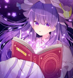 Rule 34 | + +, 1girl, blue ribbon, book, collarbone, crescent moon, dark background, dress, hat, hat ribbon, long hair, long sleeves, looking at viewer, moon, open mouth, patchouli knowledge, pointing, pointing up, puffy sleeves, purple eyes, purple hair, purple hat, red ribbon, ribbon, simple background, solo, spell, star-shaped pupils, star (symbol), striped clothes, striped dress, symbol-shaped pupils, touhou, upper body, yurui tuhu