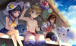 Rule 34 | 2boys, 2girls, alolan form, alolan vulpix, alternate costume, arm up, artist name, bare pectorals, black hair, blonde hair, braid, brown hair, cloud, cocoloco, collarbone, commentary request, creatures (company), crossed legs, cup, dual persona, elio (pokemon), eyelashes, flower, from below, game freak, gen 3 pokemon, gen 7 pokemon, glasses, green eyes, hand on own knee, hands up, hat, hat flower, holding, holding cup, long hair, male swimwear, multiple boys, multiple girls, navel, nintendo, open mouth, outdoors, pants, pectorals, pokemon, pokemon (creature), pokemon sm, pokemon usum, popplio, sailor collar, selene (pokemon), semi-rimless eyewear, sitting, sky, stomach, swim trunks, swimsuit, tongue, topless, twin braids, watermark, white headwear, white male swimwear, white pants, white swim trunks, wingull, yellow-framed eyewear