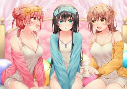 Rule 34 | 3girls, aqua eyes, bare shoulders, bed, bedroom, between legs, black hair, blonde hair, breasts, camisole, cleavage, collarbone, commentary, cup, hair between eyes, hair bun, hair ribbon, hand between legs, highres, holding, holding cup, indoors, isshiki iroha, jacket, long hair, mask, mask on head, medium breasts, medium hair, multiple girls, off shoulder, on bed, open clothes, open jacket, open mouth, own hands together, pillow, profile, red eyes, red hair, red hayao, ribbon, shorts, sideways mouth, single hair bun, single side bun, sitting, sleep mask, small breasts, thighs, white camisole, white shorts, yahari ore no seishun lovecome wa machigatteiru., yellow eyes, yellow ribbon, yuigahama yui, yukinoshita yukino