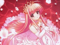 Rule 34 | 1girl, blush, cross, crown, dress, elbow gloves, from above, gloves, long hair, looking at viewer, nishimata aoi, original, parted lips, petals, pink hair, princess, red eyes, very long hair, white dress, white gloves