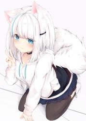 Rule 34 | 1girl, animal ear fluff, animal ears, arm support, black thighhighs, blue eyes, blue hair, blue skirt, blush, boots, borrowed character, closed mouth, commentary request, drawstring, fang, fang out, fox ears, fox girl, fox tail, grey background, hair ornament, hairclip, hand up, highres, hood, hood down, hoodie, kneeling, konagi (konotuki), long sleeves, looking at viewer, multicolored hair, original, pleated skirt, skirt, sleeves past wrists, smile, solo, streaked hair, tail, thighhighs, thighhighs under boots, v, white footwear, white hoodie