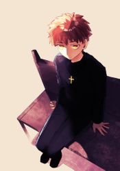 Rule 34 | 1boy, alternate universe, brown background, cross, cross necklace, emiya shirou, fate/stay night, fate (series), full body, jewelry, kani seijin, kotomine shirou (fanfic), looking at viewer, male focus, necklace, on bench, red hair, simple background, sitting, solo, yellow eyes
