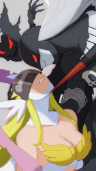 Rule 34 | 2girls, angel and devil, angewomon, angry, blonde hair, breasts, cleavage, clenched teeth, colored skin, covered eyes, digimon, digimon (creature), evil smile, eye contact, grey hair, grey skin, hand on another&#039;s head, helmet, highres, ladydevimon, long hair, looking at another, mask, medium breasts, multiple girls, rae (hexedwithluck), red eyes, smile, teeth
