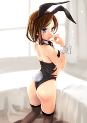 Rule 34 | 1girl, animal ears, ass, back, backless leotard, backless outfit, bare shoulders, black thighhighs, blue eyes, blush, bow, bowtie, breasts, brown hair, detached collar, fake animal ears, finger to mouth, katahira masashi, kneeling, leotard, original, playboy bunny, rabbit ears, rabbit tail, small breasts, solo, tail, thighhighs, thong, thong leotard, wrist cuffs