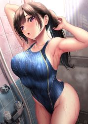 Rule 34 | 1girl, armpits, arms up, bathing, blue one-piece swimsuit, breasts, brown hair, competition swimsuit, holding, holding own hair, kase daiki, large breasts, long hair, one-piece swimsuit, open mouth, original, ponytail, purple eyes, shower (place), solo, standing, striped clothes, striped one-piece swimsuit, swimsuit, wet