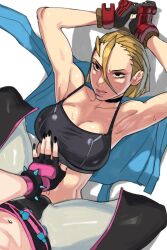 Rule 34 | 2girls, armpits, arms up, blonde hair, bound, bound arms, bracelet, breasts, cammy white, cleavage, fingerless gloves, glaring, gloves, han juri, hand under clothes, highres, jacket, unworn jacket, jewelry, looking at another, medium breasts, multiple girls, navel, spiked bracelet, spikes, stomach, straddling, street fighter, street fighter 6, sweat, taikolum, toned, undressing another, yuri