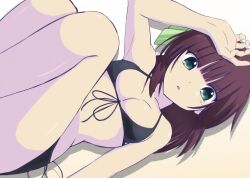 Rule 34 | 1girl, absurdres, angel beats!, arm at side, arm up, bare arms, bare shoulders, bikini, black bikini, blunt bangs, bow, breasts, cleavage, collarbone, commentary request, curvy, dutch angle, eyes visible through hair, feet out of frame, front-tie bikini top, front-tie top, green bow, green eyes, hair bow, halterneck, hand on own head, highres, legs together, legs up, lelie (lelie link), looking at viewer, lying, medium breasts, medium hair, nakamura yuri, on back, open mouth, purple hair, shiny skin, simple background, solo, straight hair, swimsuit, thighs, white background