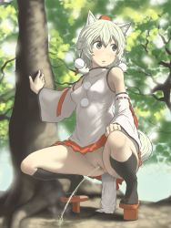 Rule 34 | 1girl, animal ears, arm support, bare shoulders, black socks, blush, breasts, clothes lift, clothing aside, colored pubic hair, detached sleeves, female pubic hair, forest, fundoshi, fundoshi aside, furemani, geta, grey eyes, hat, highres, impossible clothes, inubashiri momiji, japanese clothes, kneehighs, looking away, looking back, looking to the side, nature, outdoors, pee, peeing, pom pom (clothes), pubic hair, pussy, ribbon-trimmed sleeves, ribbon trim, silver hair, skirt, skirt lift, small breasts, socks, solo, spread legs, squatting, sweatdrop, tail, tengu-geta, tokin hat, touhou, tree, uncensored, white pubic hair, wolf ears, wolf tail