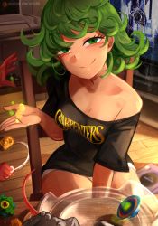 Rule 34 | 1girl, 1other, absurdres, beyblade (object), black shirt, blush, breasts, broken, cleavage, closed mouth, clothes writing, commentary, computer, curly hair, english commentary, flipped hair, game console, gamecube, green eyes, green hair, hand up, highres, indoors, khyle., laptop, looking at viewer, medium breasts, medium hair, mouse (computer), naughty face, no bra, off-shoulder shirt, off shoulder, one-punch man, open hand, patreon username, playing games, print shirt, shirt, short hair, short shorts, shorts, single bare shoulder, sitting, small breasts, smile, solo focus, strap slip, t-shirt, table, tatsumaki, telekinesis, television, thighs, watermark, web address, white shorts