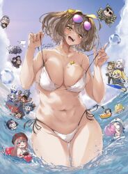 6+girls ahoge anchor_(nikke) anis_(nikke) anis_(sparkling_summer)_(nikke) bare_shoulders bikini blurry blurry_background blush breasts brown_hair chibi chibi_inset clothes_lift commander_(nikke) commentary day doll_(nikke) drake_(nikke) elegg_(nikke) emma_(nikke) english_commentary eunhwa_(nikke) eyewear_on_head gluteal_fold goddess_of_victory:_nikke helm_(nikke) highres hii_(motorholic) ingrid_(nikke) jewelry laplace_(nikke) large_breasts looking_at_viewer mast_(nikke) maxwell_(nikke) medium_hair multiple_girls mustang_(nikke) navel neon_(nikke) ocean open_mouth pendant rapi_(nikke) ship side-tie_bikini_bottom sky smile spaghetti_strap star_pendant string_bikini sunglasses swimsuit syuen_(nikke) trony_(nikke) vesti_(nikke) watercraft white_bikini yellow_eyes