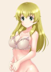 Rule 34 | 1girl, beige background, blonde hair, blush, bottomless, bra, breasts, carpaccio (girls und panzer), cleavage, closed mouth, collarbone, frilled bra, frills, girls und panzer, green eyes, groin, highres, large breasts, lingerie, long hair, looking at viewer, navel, nendoroya, no panties, shiny skin, simple background, smile, solo, underwear, underwear only, upper body, white bra