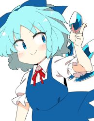 Rule 34 | 1girl, blue bow, blue dress, blue eyes, blue hair, bow, cirno, closed mouth, collared shirt, cryokinesis, dress, hair bow, holding, ice, ice wings, ini (inunabe00), looking to the side, neck ribbon, red ribbon, ribbon, shirt, short hair, simple background, smile, solo, touhou, upper body, v-shaped eyebrows, white background, white shirt, wings