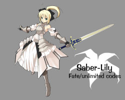 Rule 34 | 00s, 1girl, ahoge, armor, armored dress, artoria pendragon (fate), bare shoulders, blonde hair, capcom, detached sleeves, dress, fate/stay night, fate/unlimited codes, fate (series), green eyes, hair ribbon, ponytail, ribbon, saber (fate), saber lily, solo, sword, weapon