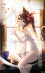 Rule 34 | 1girl, alternate costume, animal ears, backlighting, bare legs, bare shoulders, barefoot, boo tao (genshin impact), brown hair, brown tail, cat ears, cat girl, cat tail, coffee, coffee mug, commentary request, cup, curtains, day, flower, flower-shaped pupils, from side, genshin impact, ghost, hair flower, hair ornament, hand up, highres, hu tao (genshin impact), indoors, kemonomimi mode, long hair, long sleeves, looking at viewer, mug, off shoulder, pistachiocream, plum blossoms, red eyes, see-through, see-through shirt, shirt, sidelocks, signature, sitting, sleeves past wrists, smile, solo, steam, symbol-shaped pupils, tail, thighs, twintails, very long hair, waving, white shirt, window