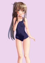 Rule 34 | 1girl, amano miyako, blue one-piece swimsuit, brown eyes, brown hair, feet out of frame, flat chest, fumizuki (kancolle), grey background, highres, kantai collection, long hair, looking at viewer, one-piece swimsuit, ponytail, school swimsuit, simple background, solo, standing, swimsuit