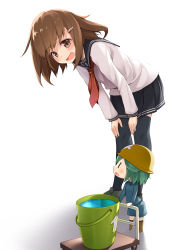 Rule 34 | 2girls, anchor, anchor symbol, bent over, black legwear, black skirt, blush, boots, brown eyes, brown hair, bucket, fairy (kancolle), green hair, hair ornament, hairclip, hands on own knees, hard hat, hat, helmet, ikazuchi (kancolle), kantai collection, long sleeves, mofu namako, multiple girls, open mouth, pleated skirt, red neckwear, sailor collar, school uniform, serafuku, shadow, shoes, short hair, simple background, skirt, standing, thighhighs, water, white background