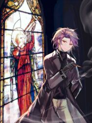 Rule 34 | 1boy, angel, black coat, black gloves, black shirt, cigarette, coat, cowboy shot, curtained hair, earrings, fumi (rdbm), gloves, hand in pocket, highres, holding, holding cigarette, jewelry, looking at viewer, male focus, pants, purple hair, red eyes, saibou shinkyoku, shirt, short hair, smile, smoke, solo, stained glass, theodore riddle, turtleneck, white pants