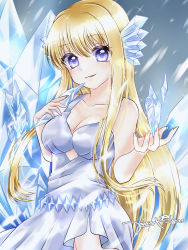 Rule 34 | 1girl, absurdres, bare shoulders, blizzard, blonde hair, breasts, dress, highres, ice, large breasts, looking at viewer, maria (mermaid melody pichi pichi pitch), mermaid melody pichi pichi pitch, smile, tsukishiro yayoi (yumeir0), white dress