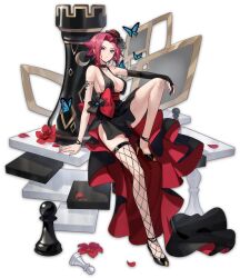 Rule 34 | 1girl, artist request, asymmetrical gloves, asymmetrical legwear, black dress, black footwear, black gloves, blue eyes, bow, breasts, bug, butterfly, chess piece, cleavage, code geass, dress, elbow gloves, fingerless gloves, fishnets, flower, full body, gloves, high heels, highres, insect, kouzuki kallen, large breasts, mahjong soul, official art, pawn (chess), petals, red flower, red hair, rook (chess), sideboob, sitting, solo, tachi-e, transparent background