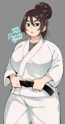 Rule 34 | 1girl, 2020, agawa ryou, artist name, belt, black belt, breasts, brown eyes, brown hair, commentary, dated, dougi, grey background, hair ornament, hairclip, huge breasts, karate gi, lips, long hair, looking at viewer, martial arts belt, original, ponytail, signature, simple background, solo, thick thighs, thighs