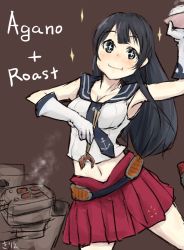 Rule 34 | + +, 10s, 1girl, :t, agano (kancolle), anchor symbol, bare shoulders, black eyes, black hair, breasts, character name, chopsticks, cleavage, cooking, eating, gloves, injury, kantai collection, leg up, long hair, midriff, neckerchief, pleated skirt, red skirt, sailor collar, skirt, solo, sparkle, suzuya kirie