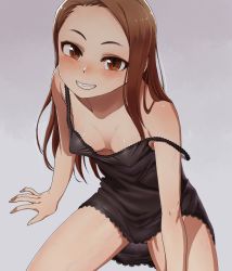 Rule 34 | 1girl, arm support, bare arms, bare shoulders, black nightgown, blush, breasts, brown eyes, brown hair, chiaki rakutarou, cleavage, collarbone, commentary request, covered erect nipples, cowboy shot, downblouse, grin, hair over shoulder, highres, idolmaster, idolmaster (classic), leaning forward, lingerie, long hair, looking at viewer, minase iori, nightgown, no bra, no panties, nose blush, partially visible vulva, see-through, simple background, sitting, small breasts, smile, solo, strap slip, thighs, underwear, veins, veiny breasts