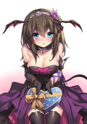 Rule 34 | 10s, 1girl, arm ribbon, asymmetrical gloves, bare shoulders, black gloves, black thighhighs, blue eyes, blush, box, bracelet, breasts, brown hair, cleavage, cowboy shot, detached collar, dress, embarrassed, fake wings, flower, fuya (tempupupu), gift, gift box, gloves, gradient background, hair between eyes, hair flower, hair ornament, hair ribbon, hairband, head wings, heart-shaped box, idolmaster, idolmaster cinderella girls, jewelry, large breasts, long hair, looking at viewer, mismatched gloves, purple ribbon, ribbon, sagisawa fumika, simple background, skindentation, solo, strapless, strapless dress, tail, thighhighs, wings