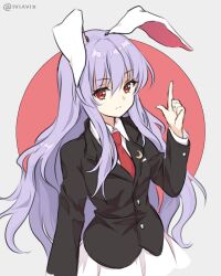 Rule 34 | 1girl, animal ears, black jacket, blazer, closed mouth, collared shirt, commentary, crescent, english commentary, finger gun, iviavix, jacket, long hair, long sleeves, necktie, purple hair, rabbit ears, red eyes, red necktie, reisen udongein inaba, shirt, skirt, solo, touhou, very long hair, white shirt