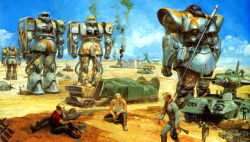 Rule 34 | 1970s (style), 1980s (style), aircraft, army, bald, blonde hair, boots, box, camouflage, cannon, canopy, climbing, cloud, cockpit, container, damaged, day, desert, desert camouflage, dom (mobile suit), eating, epic, fat, fortress, gun, gundam, lying, magella attack, manly, mecha, military, military truck, military uniform, military vehicle, mobile suit gundam, motor vehicle, multiple boys, muscular, non-web source, oldschool, on back, pot, realistic, repairing, retro artstyle, robot, sand, science fiction, shield, sitting, smoke, soap, soldier, spikes, spoon, submachine gun, sword, takani yoshiyuki, tank, tank top, tarp, tasting, tent, traditional media, truck, turret, uniform, walking, war, weapon, zaku, zaku ii, zeon