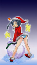 Rule 34 | 00s, 1girl, ass, blush, christmas, closed mouth, fang, francesca lucchini, hat, kikuta, looking back, panties, pantyshot, sack, santa costume, santa hat, solo, strike witches, striped clothes, striped panties, underwear, upskirt, world witches series