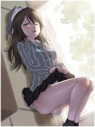 Rule 34 | 10s, 1girl, backlighting, black skirt, black socks, blue hat, blue shirt, brown eyes, brown hair, clothes lift, commentary request, day, dress shirt, dutch angle, girls und panzer, hat, indoors, inu (aerodog), keizoku school uniform, legs, lifted by self, long hair, long sleeves, looking at viewer, lying, mika (girls und panzer), miniskirt, on back, one eye closed, open mouth, pillow, school uniform, shirt, skirt, skirt lift, sliding doors, smile, socks, solo, striped clothes, striped shirt, sweatdrop, tatami, twitter username, vertical-striped clothes, vertical-striped shirt, white shirt