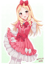 Rule 34 | 10s, 1girl, :d, artist name, bad id, bad pixiv id, black hair, blonde hair, blush, bow, bowtie, commentary request, cowboy shot, criss-cross halter, dated, dress, drill hair, eromanga sensei, frilled bow, frills, hair bow, hairband, halftone, halftone background, halterneck, head tilt, kaieee, layered dress, layered sleeves, lolita fashion, long hair, long sleeves, looking at viewer, open mouth, pink dress, pointy ears, red bow, red bowtie, red eyes, red hairband, sash, short over long sleeves, short sleeves, sidelocks, skirt hold, smile, solo, standing, tareme, white bow, white legwear, yamada elf