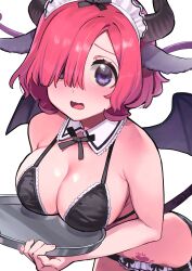 Rule 34 | 1girl, absurdres, animal ears, bat wings, bikini, black bikini, blush, breasts, breasts on tray, cleavage, collar, demon girl, embarrassed, flustered, hasuda saki, highres, holding, horns, hotomura (muramura69), large breasts, looking at viewer, maid, maid bikini, maid headdress, medium breasts, open mouth, pink hair, purple eyes, saki-chan wa inma no ko, short hair, simple background, solo, standing, swimsuit, tail, tray, unconventional maid, white background, wings