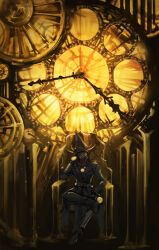 Rule 34 | 1boy, :|, analog clock, armchair, backlighting, black coat, black footwear, black hat, black pants, brown hair, chair, clock, closed mouth, coat, duel monster, elbow rest, expressionless, figure four sitting, fishfall, full body, gears, hair between eyes, hat, head rest, highres, jitome, light particles, long sleeves, looking at viewer, male focus, pants, red eyes, red scarf, runes, sand, scarf, short hair, sitting, sketch, solo, spiked hair, straight-on, timegazer magician, too many clocks, wizard hat, yellow gemstone, yellow light, yu-gi-oh!