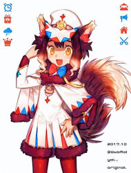 Rule 34 | 1girl, :d, animal ears, arm up, artist name, bad id, bad pixiv id, blush, brown hair, capelet, commentary request, dated, dog ears, dog girl, dog tail, fur-trimmed capelet, fur trim, hand on own hip, hat, jumpsuit, long sleeves, looking at viewer, open mouth, original, pantyhose, red eyes, short jumpsuit, sidelocks, simple background, smile, solo, tail, twitter username, white background, white capelet, white hat, white jumpsuit, yai (hachihito), yellow eyes
