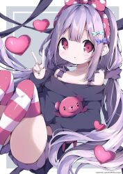 Rule 34 | 1girl, :o, bare shoulders, black shirt, blush, bow, collarbone, commentary request, feet out of frame, grey background, grey hair, hairband, hamada pengin, heart, highres, knees up, long hair, looking at viewer, off-shoulder shirt, off shoulder, original, parted lips, polka dot, polka dot bow, polka dot hairband, purple shorts, red bow, red eyes, red hairband, shirt, short shorts, shorts, solo, striped clothes, striped thighhighs, stuffed animal, stuffed toy, teddy bear, thighhighs, two-tone background, very long hair, white background