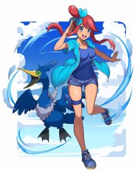Rule 34 | 1girl, :d, blue eyes, blue footwear, blue jacket, blue shirt, blush, breasts, cleavage, cloud, collarbone, commentary request, cramorant, creatures (company), eyelashes, floating hair, game freak, gen 8 pokemon, hair ornament, hand up, highres, jacket, knees, leg up, nintendo, one side up, open clothes, open jacket, open mouth, pokemon, pokemon (creature), pokemon bw, pouch, red hair, shiny skin, shirt, shoes, short hair with long locks, short shorts, short sleeves, shorts, sidelocks, skyla (pokemon), smile, teeth, thigh pouch, tongue, upper teeth only, yoshinatsu