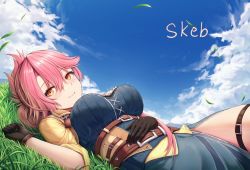 Rule 34 | 1girl, belt, blue sky, blush, breasts, buran (22x), cloud, commission, eiyuu densetsu, grass, hand on own stomach, high belt, large breasts, looking at viewer, lying, on back, outdoors, pink hair, ponytail, sara valestein, sen no kiseki, skeb commission, sky, smile, solo, yellow eyes