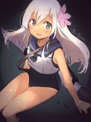 Rule 34 | 1girl, bare arms, bare legs, bare shoulders, black neckerchief, black one-piece swimsuit, blue eyes, blue sailor collar, blush, cowboy shot, crop top, flower, freediving, hair flower, hair ornament, highres, kantai collection, long hair, looking at viewer, ma rukan, neckerchief, one-piece swimsuit, one-piece tan, open mouth, ro-500 (kancolle), sailor collar, school swimsuit, school uniform, serafuku, sitting, smile, solo, submerged, swimsuit, swimsuit under clothes, tan, tanline, torpedo, underwater, water, white hair