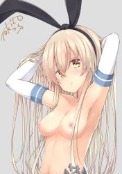 Rule 34 | 1girl, absurdres, alternate eye color, anchor hair ornament, armpits, blonde hair, breasts, elbow gloves, gloves, grey background, hair between eyes, hair ornament, highres, kantai collection, long hair, looking at viewer, medium breasts, nipples, nude, shimakaze (kancolle), simple background, solo, tokito yu, white gloves