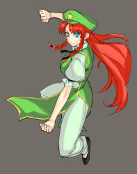 Rule 34 | 1girl, blue eyes, braid, breasts, chinese clothes, female focus, fighting stance, hat, highres, hong meiling, kung fu, long hair, medium breasts, pants, red hair, simple background, sketch, solo, star (symbol), tetsu (kimuchi), touhou, twin braids
