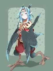 Rule 34 | 1girl, absurdres, animal ears, animal hands, bird ears, bird legs, bird tail, black feathers, black wings, blue eyes, blue feathers, blue hair, blue wings, commentary request, commission, eyebrows hidden by hair, feather hair ornament, feathers, green background, hair ornament, harpy, headband, heart, highres, long hair, monster girl, original, pixiv commission, rnd.jpg (artist), sidelocks, solo, standing, tail, traditional clothes, two-tone tail, two-tone wings, winged arms, wings