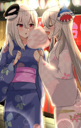 2girls absurdres akabeko123 arknights blue_kimono closed_eyes cotton_candy food highres holding holding_cotton_candy holding_food japanese_clothes kimono long_hair multiple_girls orca_hair_ornament pink_kimono red_eyes skadi_(arknights) specter_(arknights) white_hair yukata yuri