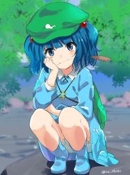Rule 34 | 1girl, blue dress, blue eyes, blue footwear, blue hair, blunt bangs, blurry, blurry background, boots, cat teaser, commentary request, dress, green hat, hair bobbles, hair ornament, hand up, hat, head rest, ica, kawashiro nitori, key, long sleeves, looking at viewer, mouth hold, outdoors, short hair, simple background, smile, solo, squatting, touhou, twintails, twitter username, two side up