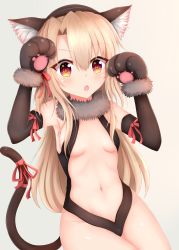 Rule 34 | 1girl, :o, absurdres, animal ears, animal hands, arm ribbon, armpits, beige background, black gloves, black leotard, blonde hair, blush, breasts, cat ears, cat tail, center opening, commentary request, dangeroes beast (illya), elbow gloves, fake animal ears, fang, fate/kaleid liner prisma illya, fate/stay night, fate (series), fur-trimmed gloves, fur collar, fur trim, gloves, hair between eyes, hair ribbon, highres, illyasviel von einzbern, leotard, long hair, navel, no bra, official alternate costume, open mouth, paw gloves, red eyes, ribbon, shiny skin, sideboob, simple background, small breasts, solo, stomach, tail, tail ornament, tail ribbon