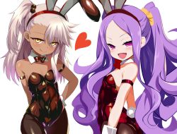 Rule 34 | 2girls, absurdres, animal ears, armband, bad id, bad twitter id, bare shoulders, black leotard, blush, bow, bowtie, breasts, chloe von einzbern, closed mouth, collarbone, commentary request, dark-skinned female, dark skin, detached collar, fake animal ears, fang, fate/grand order, fate/kaleid liner prisma illya, fate (series), forehead, hair between eyes, hairband, heart, highres, leotard, long hair, looking at viewer, multiple girls, open mouth, pantyhose, parted bangs, pink hair, playboy bunny, purple eyes, purple hair, rabbit ears, rabbit tail, red leotard, scrunchie, shimejinameko, side ponytail, simple background, small breasts, smile, tail, tan, very long hair, white background, wrist cuffs, wu zetian (fate), yellow eyes, yellow scrunchie