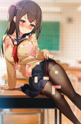 Rule 34 | 1girl, abarerumidori, arm support, beige sweater, black pantyhose, black sailor collar, black skirt, blurry, blurry background, blush, bra, breasts, brown eyes, brown hair, buttons, chalkboard, classroom, closed mouth, clothes lift, commentary, desk, grid, hair tie, highres, indoors, leaning to the side, lifting own clothes, long hair, long sleeves, looking at viewer, medium breasts, navel, on desk, one side up, open mouth, original, pantyhose, phone, pink bra, red neckwear, sailor collar, school desk, school uniform, sitting, skirt, skirt lift, sleeves past wrists, smile, sweatdrop, thighband pantyhose, thighs, underwear