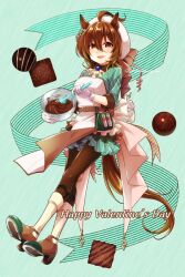 Rule 34 | 1girl, agnes tachyon (umamusume), ahoge, alternate costume, apron, ascot, beret, bowl, breasts, brown footwear, brown hair, brown pants, chigyo, chocolate, chocolate making, collared shirt, crossed legs, full body, gloves, green shirt, happy valentine, hat, high heels, holding, holding bowl, holding spatula, looking at viewer, medium hair, open mouth, pants, red eyes, shirt, small breasts, smile, solo, spatula, test tube, twitter username, umamusume, white gloves, white hat